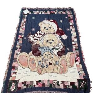 Vintage Cherished Teddies 3 Bear Family Woven Tapestry Throw‎ Blanket 70"x46"